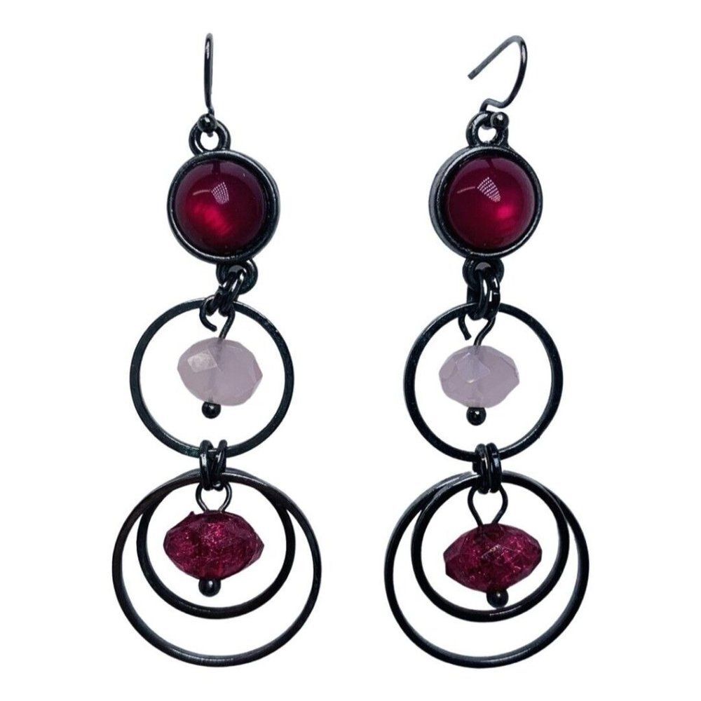 Fuchsia Pink Acrylic Beaded Round Gunmetal 3 Ring Dangle Drop Earrings